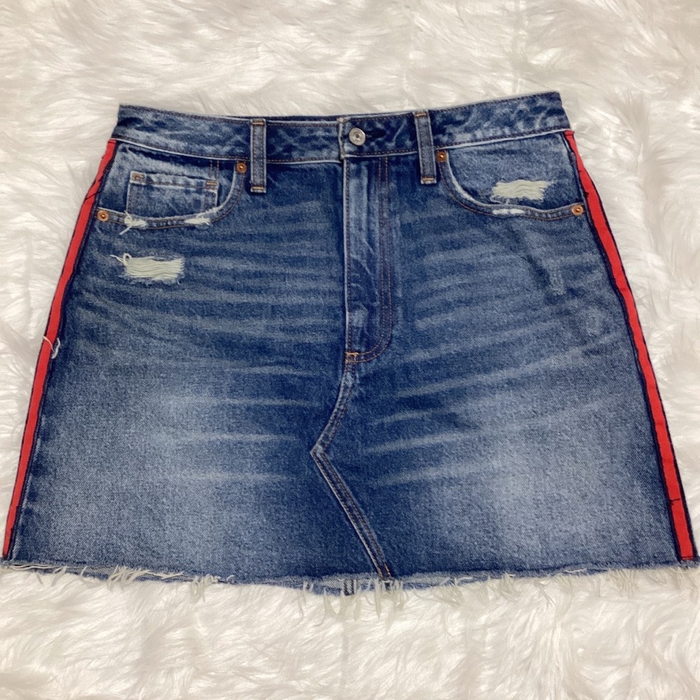 AF Women’s Blue Denim Jean Mini Skirt Distressed Hem with Red Trim on the side